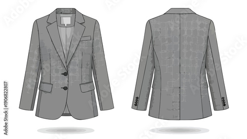 Modern grey women's blazer technical flat sketch illustration presenting both front and back views, ideal for fashion design, pattern making, and