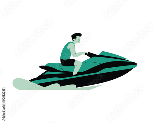 A man riding a green and black jet ski on the water