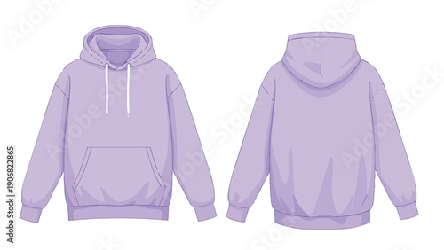 A detailed flat illustration showcasing a comfortable oversized lavender pullover hoodie for fashion design templates. This versatile apparel