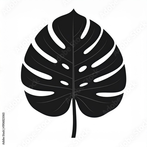 Monstera Leaf Silhouette Simple Black Botanical Illustration on White Background Tropical Plant Detail Realistic Vector Art