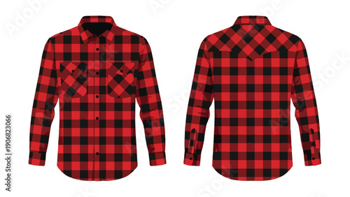 Classic red and black lumberjack plaid shirt design, front and back view, perfect for apparel mockups and rustic fashion themes