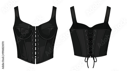Vector illustration of a black corset top, featuring front and back views with intricate lacing details and a structured design. Ideal for modern