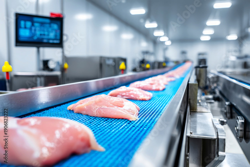 Chicken fillets move on a blue conveyor belt at a food processing facility, with digital scales and a computer screen visible in the background