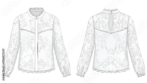 Elegant lace blouse technical fashion flat drawing featuring a high ruffled collar and scalloped hem ideal for garment pattern design and apparel