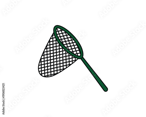 A green net with a long handle is shown against a white background.