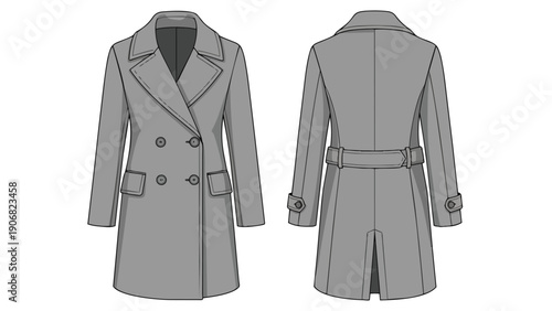 Elegant double-breasted women's overcoat with belted back design detailed fashion flat illustration versatile seasonal outerwear concept showcasing