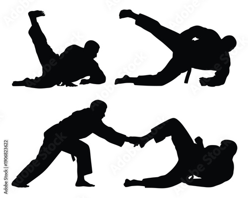 A group of people practicing Brazilian jiu-jitsu in various positions on the mat
