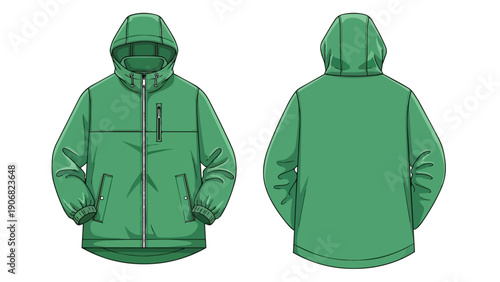 Front and back view of a durable hooded jacket in a vibrant green hue, ideal for outdoor pursuits or casual wear, showcasing practical design