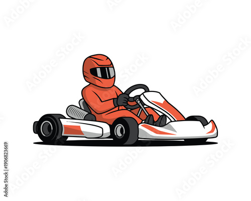 A cartoon go-kart driver wearing an orange helmet and suit, driving a white and orange go-kart on a plain background.