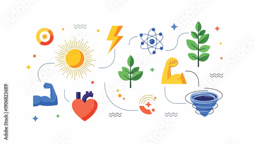 Colorful vector illustration showing various symbols of life and energy
