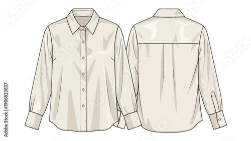Professional technical flat drawing of a women's versatile long-sleeved collared button-front blouse with cuffed sleeves and a pleated back for