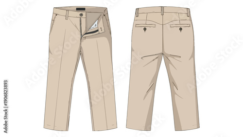 Detailed technical illustration of classic beige chino trousers, front and back views for apparel design