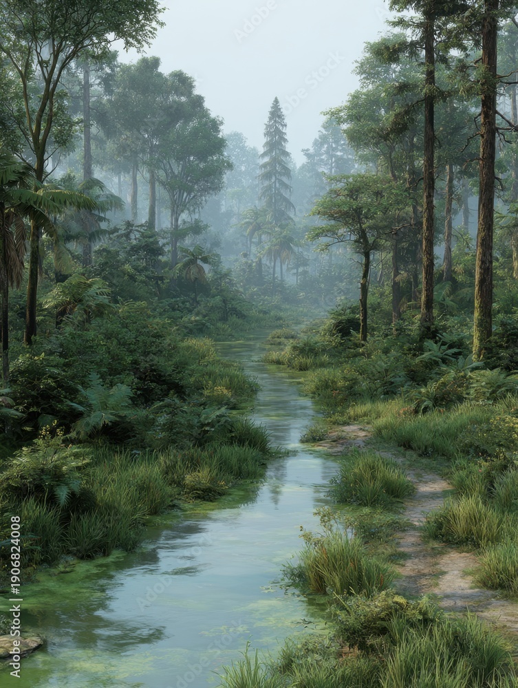 Obraz premium A tranquil stream flows through a dense forest with lush greenery and a misty sky.