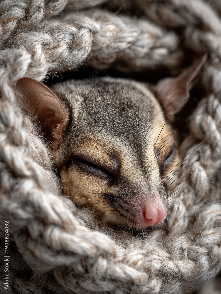 Fototapeta premium A sloth's face is partially visible from a soft, textured blanket, conveying a sense of calm.