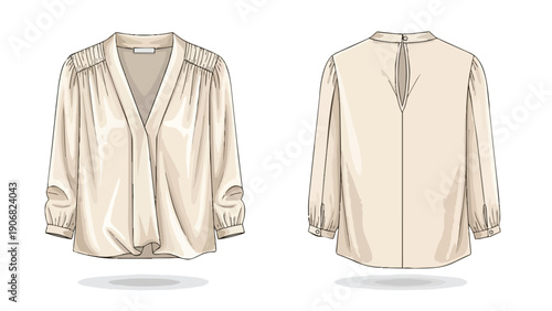 Elegant Cream Blouse Flat Sketch Front and Back Technical Drawing Fashion Design Illustration
