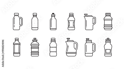 Collection of Bottle and Jug Icons for Liquids, Beverages, and Containers