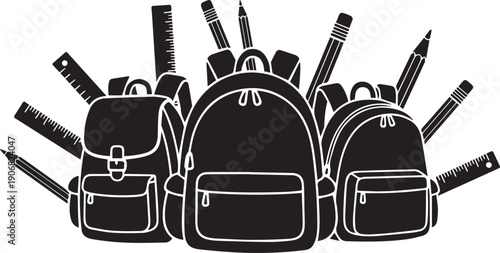 Vector illustration of backpacks and school supplies, including pencils and rulers, for education or back to school mockup, Isolated on transparent background, png
