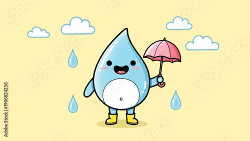 Cartoon Water Drop Character with Umbrella.
