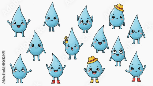 Cartoon Water Droplets with Facial Expressions.