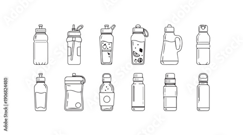 Collection of diverse drink bottles and containers, various shapes and sizes, line art, isolated on white