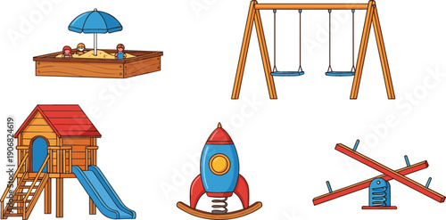 Kids Playground Equipment Icon Set with Sandbox Swing Slide Seesaw and Rocket Ride for Parks, Children Areas, and Cartoon Vector Illustrations