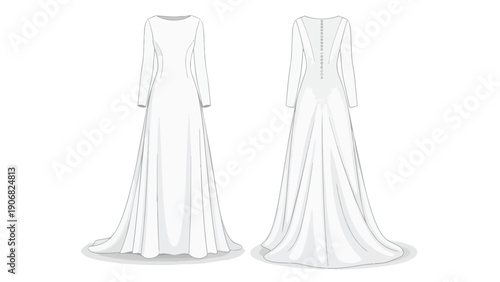 Elegant long-sleeved bridal gown illustration front and back views. Boat neckline, buttoned back. For fashion design and pattern making plan