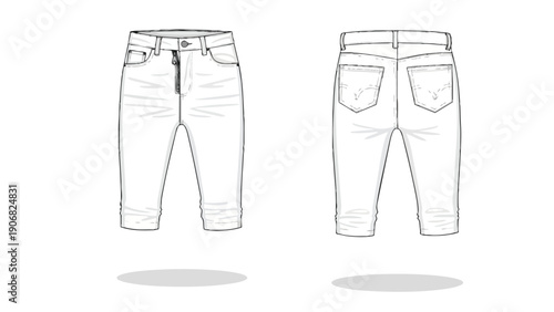 Infant and toddler cropped denim trousers technical fashion flat sketch with front and back views
