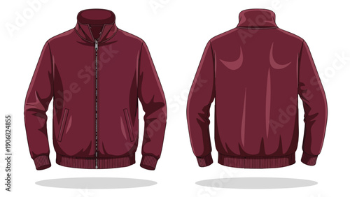 Elegant maroon full-zip bomber jacket, front and back flat illustration, ideal for apparel design, fashion mockups, and casual wear