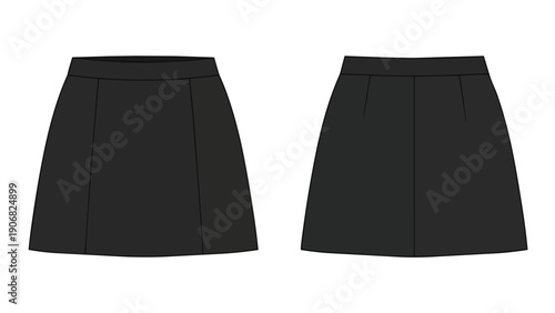 Black A-line mini skirt technical flat illustration front and back views for garment design and apparel development pattern making template artwork