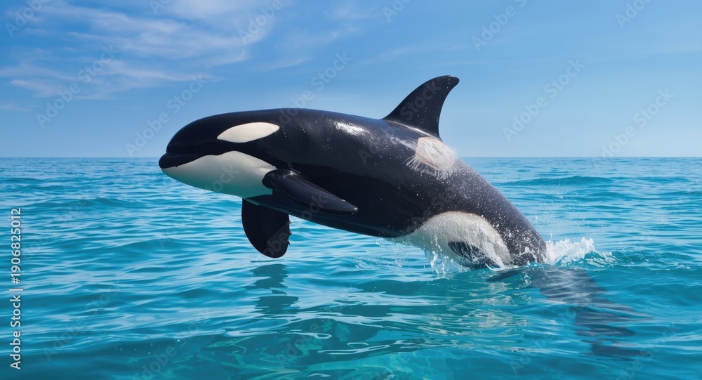 Naklejka premium Graceful orca soaring above shimmering sea waves