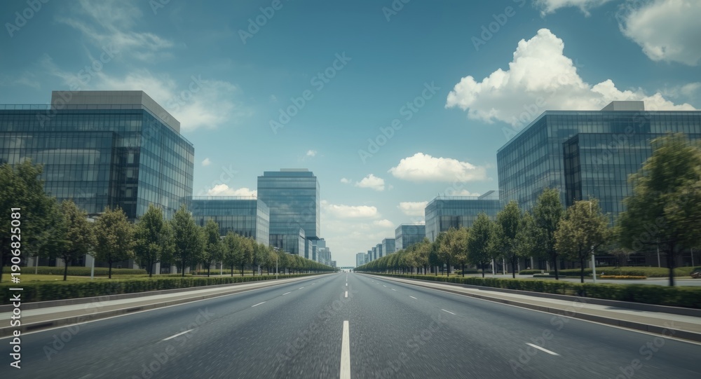Fototapeta premium Expansive panorama of business offices with clear and empty road