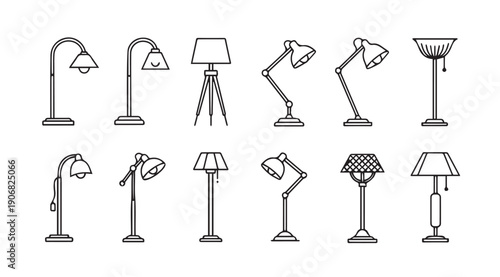 Collection of Floor and Desk Lamps Icons in Outline Style