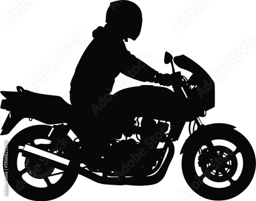 Motorcyclist riding a motorcycle with a helmet on a plain white background from side view