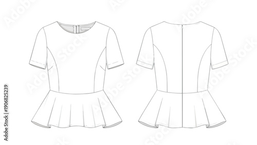 Detailed Technical Flat Sketch of a Short-Sleeved Peplum Blouse Design for Fashion Illustration and Pattern Making