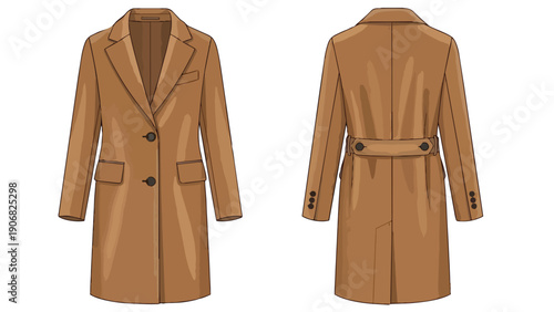 A clear technical illustration showing the versatile front and back view of a timeless camel-colored long overcoat, excellent for elegant fashion