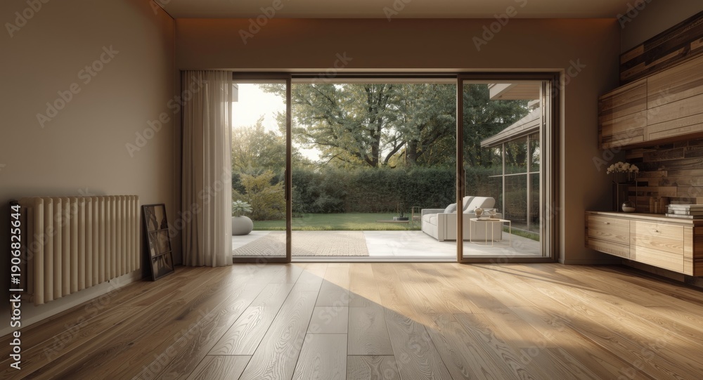 Obraz premium Bright living room with radiators, natural parquet flooring, and sliding terrace doors