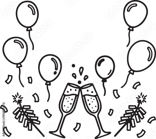 Black and white line art illustration of champagne glasses toasting with balloons and confetti, celebration or party decoration, for banner or poster, Isolated on transparent background, png