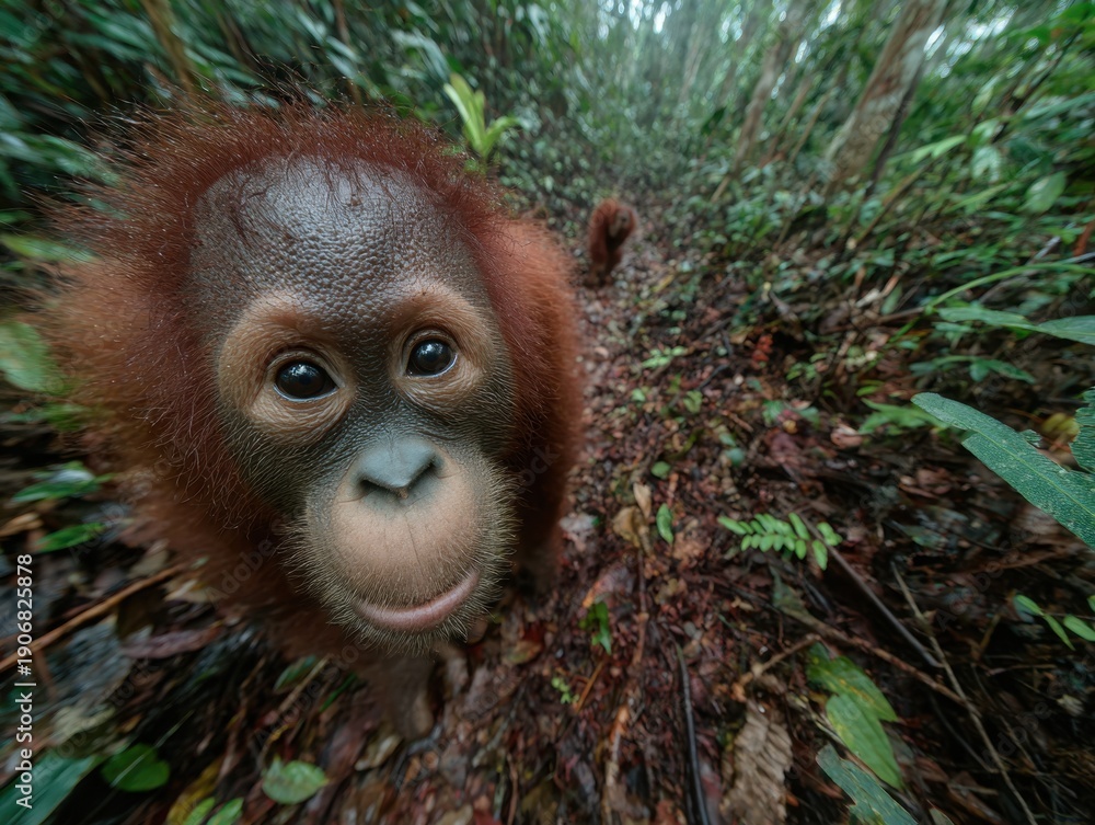 Obraz premium A primate's face appears among lush green foliage, looking directly at the viewer.