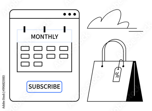 E-commerce, subscription services, retail, sales promotions, online shopping, marketing strategy. Monthly calendar and shopping bag with discount tag. E-commerce and subscription services concept