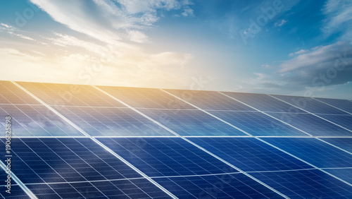 Solar Panels in Bright Sunny Day with Blue Sky