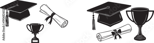 Graduation icons set, graduation cap, diploma, trophy, academic achievement symbols, for education or certificate design, Isolated on transparent background, png