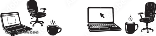 vector office workspace icons, laptop computer, office chair, coffee cup, for mockup or template, isolated on transparent background, png