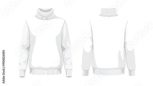 Blank white turtleneck sweater, front and back views for versatile apparel design. Ideal for fashion mockups, product showcases, and customizable