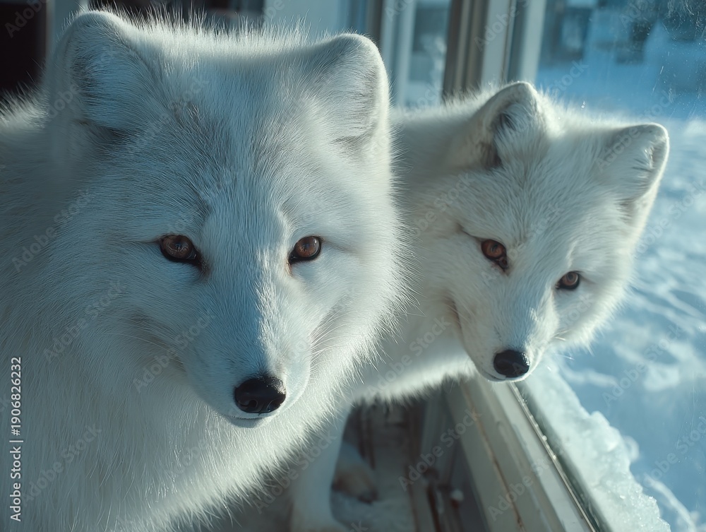 Obraz premium Two arctic foxes with thick white fur observe the snow outside a window on a winter day.
