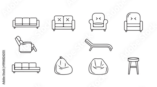 Collection of Line Art Icons for Furniture: Sofas, Chairs, Beanbags, Lounger, Stool