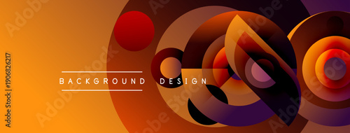 Abstract design features vibrant orange, purple gradients. Circular shapes overlap creating dynamic visual effect. Modern background texture.