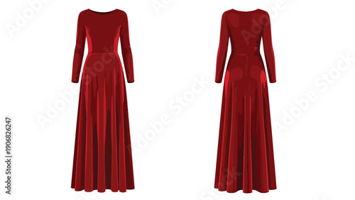 Graceful red velvet maxi dress featuring long sleeves and a classic neckline, showcased from multiple angles