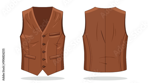 Elegant Brown Vest Front and Back View Illustration for Fashion and Apparel Design