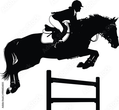 Equestrian jumps obstacle with rider in action at competition event illustration