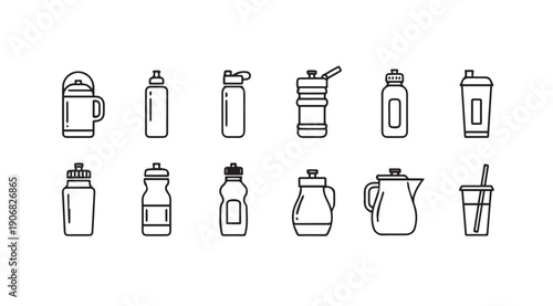 Collection of Line Art Icons for Water Bottles and Pitchers